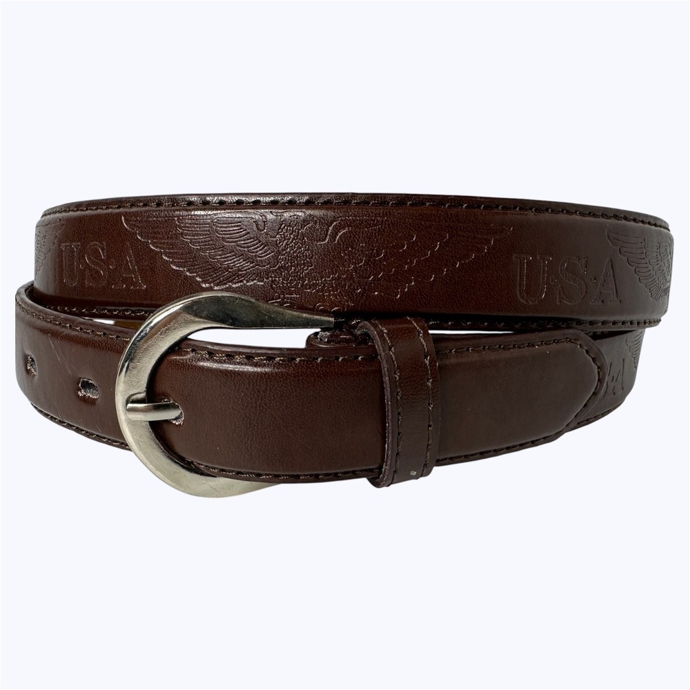 Brown Leather Embossed Eagle USA Belt Silver Tone Buckle Mens XL 42-44 Patriotic